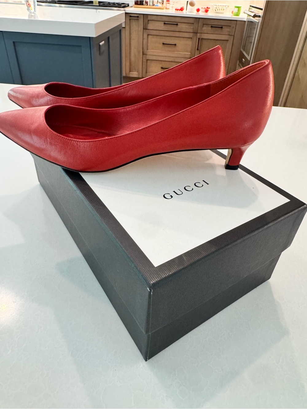 Gucci Red Pointed-Toe Kitten Heel Pumps